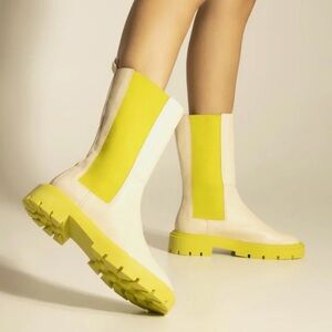 Off-White Leather Mid-Calf Lug Sole Boot (Lime Green)